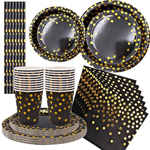 80 Pcs Black and Gold Dot Party Tableware Supplies , Disposable Paper Party Dinnerware Set Included Plates Cups Straws Napkins ,for Birthday, Graduation,Cocktail,Anniversary Celebration (20 Guests)