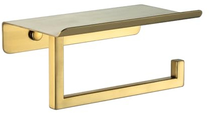 JQK Mensola porta carta igienica, porta rotolo di carta igienica con ripiano per telefono, dispenser per carta velina in acciaio inox 304 da 12 cm, montaggio a parete con finitura oro spazzolato,