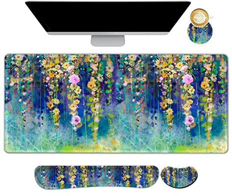 ARTSO Large Gaming Mouse Pad Set, Keyboard Wrist Rest Support + Mouse Wrist Cushion + Extended Mousepad + Coaster, 35x15.5in Multifunctional Desk Mat 4pcs, Oil Painting Flowers