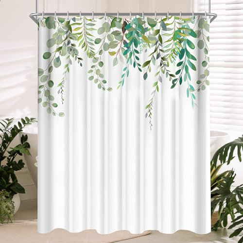 Lerores Duschvorhang 240x200cm Grün Blätter, Beschwerter Saum Antischimmel Textil, Wasserabweisend, Waschbar Polyester Badevorhänge mit 16 Ösen und Duschvorhangringe für Badezimmer,