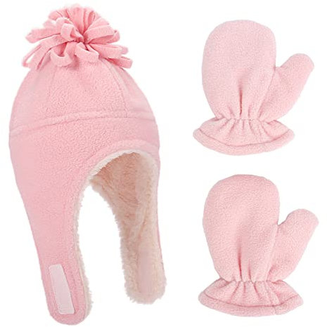 LACOFIA Cappellini Beanie e Manopole Caldo Pile per Neonata Berretto da Pilota Invernale con Paraorecchie e Guanto da Bambina Rosa 0-18 Mesi