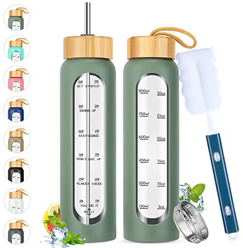 SipZest Botellas de agua de vidrio de 32 onzas con pajilla, botella motivacional con marcador de tiempo y funda de silicona, vaso reutilizable que incluye 2 tapas de bambú e infusor de frutas, 1