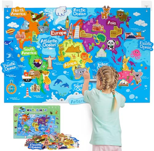 Taika 43x28 inch World Map Felt Board Set, Floor Mat, Animals Felt Story Board, Geography Theme Carpet, Kids World Country Area Rug, Colorful Map Play Mat