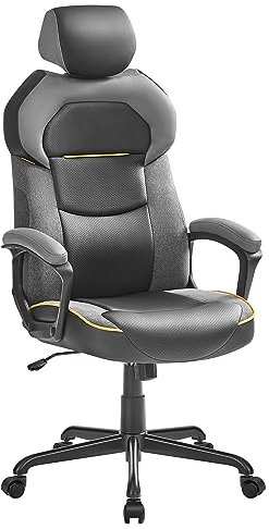 SONGMICS Silla de Oficina, Silla Gaming, Altura Ajustable, Superficie de PU y Tela de Algodón y Lino, Reposacabezas Ajustable, Respaldo Reclinable, Carga 150 kg, Negro clásico OBG066B01