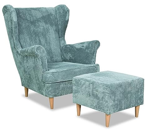 Family Meble Ohrensessel Cord mit Hocker, Modell Bonito, Skandinavisch, Relaxsessel aus Webstoff, Loungesessel, Sessel mit Fußstütze, Bequemer Sessel, Für Wohnzimmer, Esszimmer, Schlafzimmer, Mint