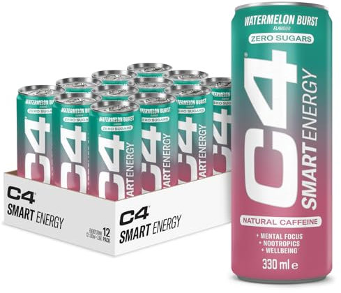 C4 Smart Energy Drinks Watermelon Burst 330ml (12 pack) | Sugar Free Energy Drink with 106mg Natural Caffeine, Brainberry, Nootropics, Vitamin C | Natural Energy Drink for Mental Focus On the Go