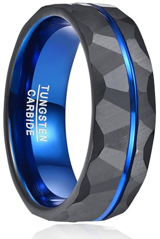 Vakki Ringe Herren Schwarz Wolfram Ring 8mm Gehämmerte Eheringe mit Blau Rille Zweifarbiger Herrenring für Hochzeit, Jahrestag, Geburtstag, Größe 62(19.7)