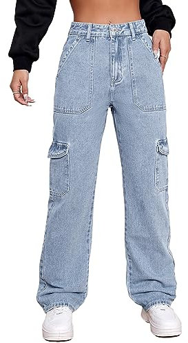 Alaster Queen Damen Jeans Hohe Taille Cargo Jeans Stretch Wide Leg Denim Hose Trendy Hellblau M