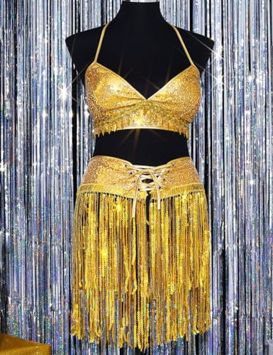 Zookey Rave Outfit Pailletten Quaste Rock mit Crop Top Fringe Bodysuit Karneval Kostüm für Frauen und Mädchen (Gold, eine Größe)
