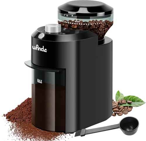 Molinillo de Café, Molinillo de Café Eléctrico Wancle, Molinillo de Café Ajustable para Granos de Café, con 28 Ajustes de Molido Preciso para 12 Tazas (Plástico, Negro+Plata)