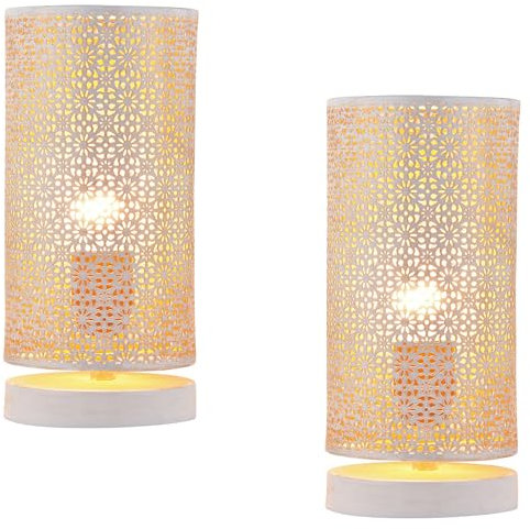 Marrakesch 2er Set Tischlampe Nachttischlampe 25cm groß | Boho Deko Lampe im Wohnzimmer Schlafzimmer oder Kinderzimmer | Moderne Tischleuchte Tuza weiß aus Metall mit E27 Fassung