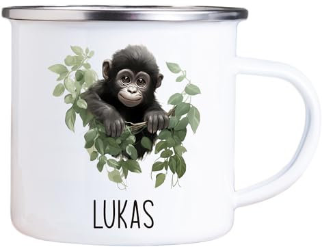 4youDesign Emaille Tasse Kinder personalisiert – Affe Blume – Tier Namenstasse – Geschenk für Jungen & Mädchen – Bruchsicher & Leicht – Geschenkidee zur Einschulung & Geburtstag - 300ml