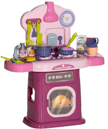 AIYAPLAY Cucina Giocattolo per Bambini 3-6 Anni con 38 Accessori, Suoni Realistici e Luce del Fornello, Gioco per Bambini in PP e ABS, 51x21x60 cm, Rosa