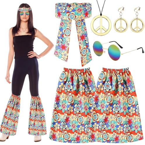 ARONRAVE Hippie Kostüm Damen, 70er Jahre Kostüm Damen mit Halskette Ohrringe Haarband 70er Jahre Bekleidung Damen Fasching Karneval Kostüm Damen für Karneval Motto Party