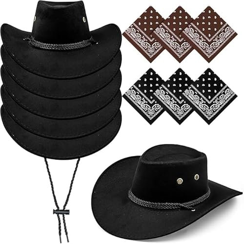 TESIN 6er-Pack Schwarze Cowboyhüte und Halstücher-Set – Cowgirl-Hut mit verstellbarem Zugband, Western-Kostüm für Fasching, Karneval, Party und Bühnenauftritte