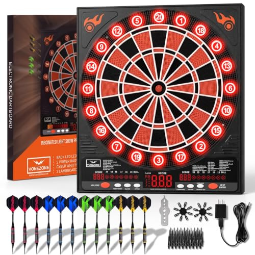 Elektronische Dartscheibe, 12 Darts Weiche Spitze, Digitale Dartscheibe für Erwachsene, 34 Spiele 355 Varianten Auto Scoring, LED Verbesserte Beleuchtete Display Wandhalterung für Home Bar Party