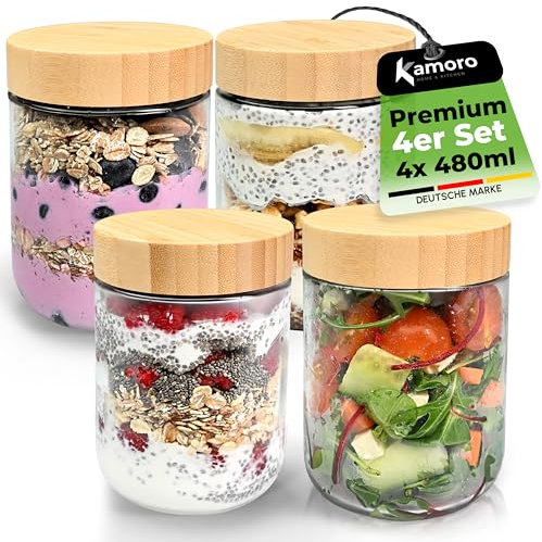 Kamoro HOME & KITCHEN Glas Frischhaltedosen 4er Set mit nachhaltigem Bambus Deckel - Glasbehälter in verschiedenen Größen mit Gummibändern – BPA-freie Dosen/Behälter (4x Set)