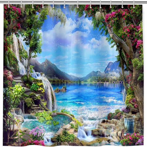 ANHOPE Natur Garten Wasserfall See Duschvorhänge Wasserdicht Anti-schimmel Shower Curtains Polyester Stoff Duschvorhang 180 x 200 cm Waschbar Bad Vorhäng für Badzimmer mit 12 Haken