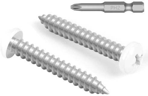 100 PCS #6 x 1 White Head Sheet Metal Screws, Pan Head Phillips Fast Self Tapping Screws, Carbon Steel Round Head Wood Screws, Screwdriver Bit Included