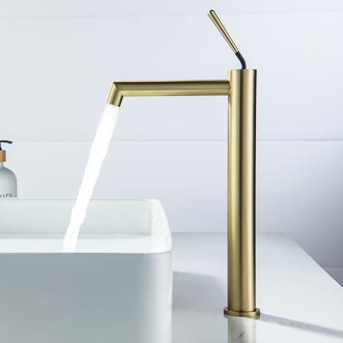 Rubinetto Bagno Lavabo Alto, BAITUJIE Rubinetto Miscelatore per Lavabo a Freddo e Caldo con Monocomando, Rubinetto alto moderno in oro spazzolato