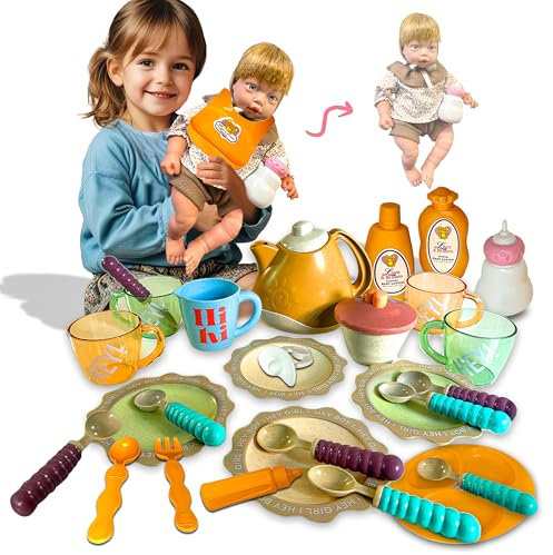 Koolbitz 30 Pcs Tea Set and Interactive 14Inch Baby Doll Playset with 12 Sound Effects, Removable Clothes, and Accessories - Realistic Pretend Play Toy for Kids Perfect Educational Gift for Kid