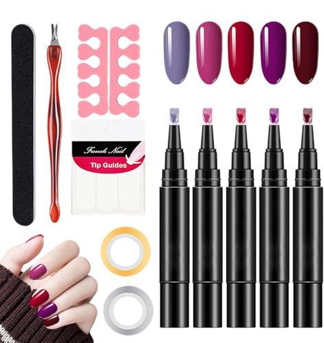 PolisheyNail Polish Pens UK, 5 Colors Nail Polish Pens 5ml NailArt Pens Set 3In1 Nail Polish Pen Nail Pens Gel Polish Nail Varnish Pens OneStep Nail Gel Pen Brush DIYs Nail Gel Painting Pen