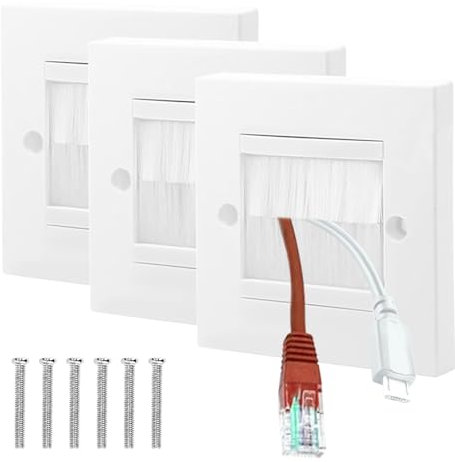 3 PCS Cable Brush Plate, Brush Wall Plate, Cable Entry Cover, Wall Mounted Brush Faceplate, White Wallplate with White Brushes for Covering Outlets, Receptacles and Tidying Cords