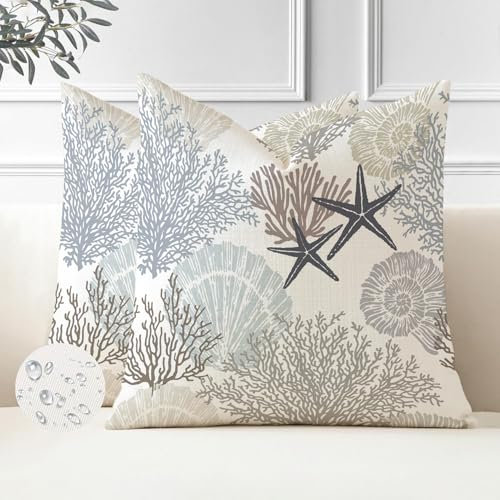 Miuyunya 2 Stück wasserdichte Kissenbezug 40 x 40 cm Maritim Seestern Kissen Dekorative Moderne Outdoor Wasserfest Kissenbezüge Outdoor Sommer Polster Zierkissenbezüge für Garten Wohnzimmer Frühling