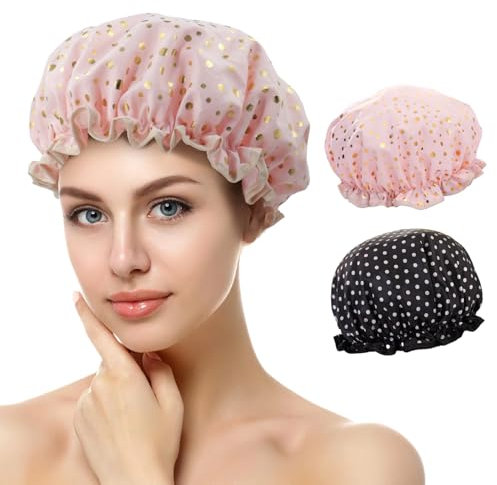 Duschhaube, 2 Stück Wasserdichte Duschhauben, Shower Cap, Duschhaube für Damen, Haarhaube für Die Nacht, mit Elastischem Band, Wiederverwendbare Dusche Kappen für Mädchen Frauen (J)