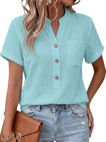 YUTILA Damen Bluse Sommer Kurzarm Baumwolle V-Ausschnitt Henleyshirt | Knopfleiste, Brusttasche, Leichte, Atmungsaktiv, Locker Casual Oberteil Blusenshirt Hemdbluse