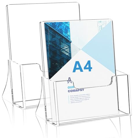 2 Stück Flyerständer A4, Prospektständer, Acryl Transparenter Postkartenständer mit Visitenkartenfach, für Counter Büro Restaurant Rezeption, Visitenkartenhalter, Prospektständer, Flyer Aufsteller