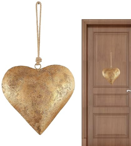 Herz zum Aufhängen im antiken Stil – Herzdekoration mit antikem Gold-Finish, Vintage-Dekoration aus Metall, Schild | 3 D mit Anhängern Symbol der Liebe für rustikale Einrichtung