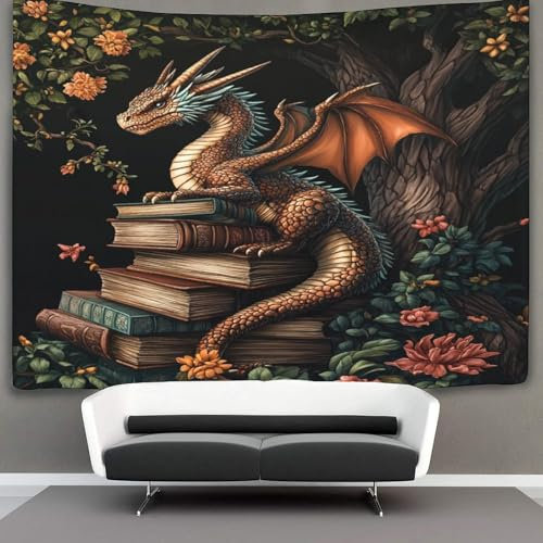 kaiyun Der Drache auf dem Bücherstapel Wandbehang Wandtuch Bäume, Blumen Wandteppiche 3D Heimdekoration Für Raum 130cmx150cm
