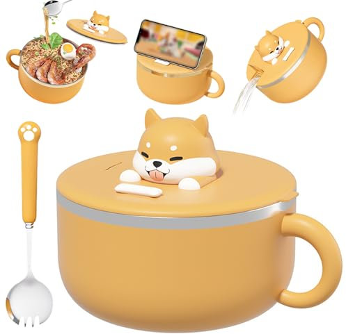 Nyutcwe Bol de nouilles instantanées avec poignées 1200 ml Bol de ramen instantanés avec couvercle et cuillère à micro-ondes portables coccopier pour soupe, nouilles, boulettes, salades