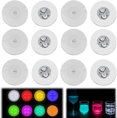 Huybaa Adesivi LED 12 pezzi - Batteria sostituibile (batterie incluse) - 7 colori + bianco - Adesivo 3M resistente - Per bicchieri e bottiglie - Illuminazione per l'atmosfera delle feste