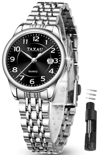 Taxau Damenuhr Silber Uhr Damen wasserdichte Klassisch Damenuhren GüNstig Analog Mit Metallarmband Schwarzes Zifferblatt Armbanduhr Damen Silber Mit Datumsanzeige Frauen Uhren Watches for Women