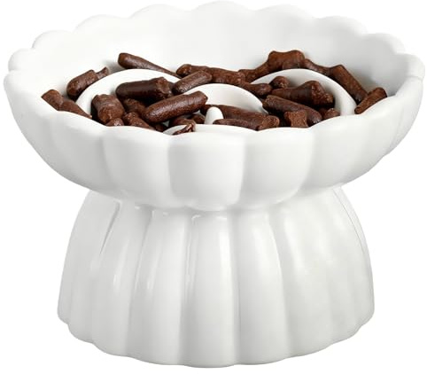 Gamelle Anti Glouton Chat Surélevée, Bol Anti Glouton Chat 14 cm en Céramique, Slow Feeder Chats Rond pour Croquettes et Pâtée, Gamelle Chats Antidérapante Lavable au Lave-Vaisselle (Blanc)