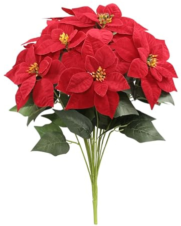 LEUCHTAMOR 2 Stück künstliche Weihnachtssterne, Rot 14 Blütenköpfe, Seiden-Weihnachtssterne, Weihnachtsblumen, künstlich, für Zuhause, Garten, Innenbereich, Außenbereich, Weihnachtsdekoration