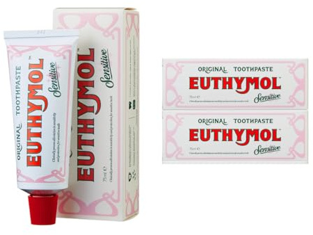 Euthymol Sensitive Zahnpasta 75 ml x 2, Fluorid-Zahnpasta für empfindliche Zähne, Plaque-Entfernung, Karies-Schutz, antibakteriell, glutenfrei, Thymol & Menthol, erfrischt den Atem, sanfte Zahnpflege