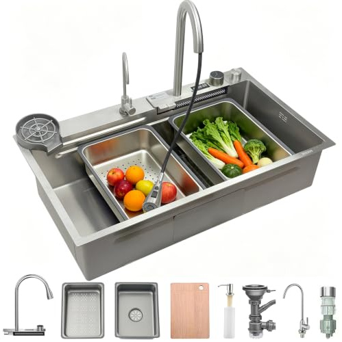 Lavello da cucina a cascata, 85 x 50 cm, in acciaio inox spazzolato 304, lavello da cucina con display digitale, lavello da cucina con cestello di scarico, sifone, tagliere
