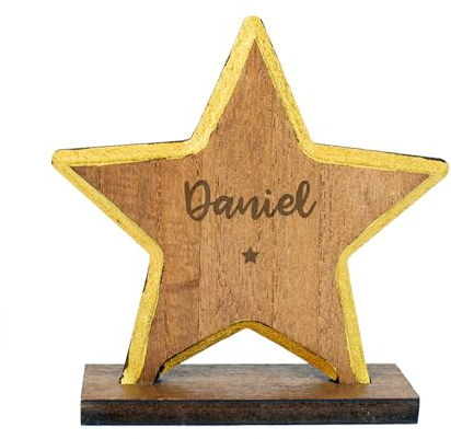 Herz & Heim® Personalisierte Weihnachtsfigur aus Holz mit Gravur – Tannenbaum, Engel oder Stern in 3 Größen – Dekoration zu Weihnachten mit Goldrand – Individuelle Weihnachtsdeko (Stern, Groß)