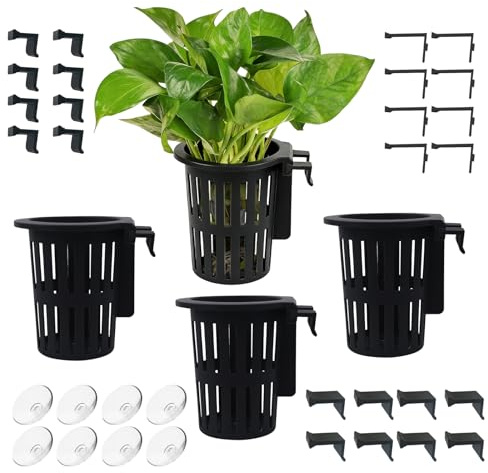 BAIFULAI Lot de 4 supports pour plantes d'aquarium : support flottant avec crochets et ventouses, pot d'eau flottant pour la culture de plantes aquaponiques, paysage, plantes, décoration