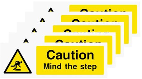 5 Pack Caution Mind the Step Signs Self-Adhesive Safety Stickers for Stairs | 150x50mm PVC; high-visibility yellow & black, triangle warning symbol, strong adhesion for floors, steps & smooth surfaces.