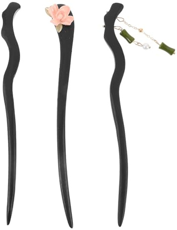 Épingle à Cheveux Chinoise en Bois 3 Pièces, Motif Bambou | Noir, Métal et Résine, Fleur Décorative, Style Hanfu Vintage, pour Chignon Diy, Occasions Spéciales