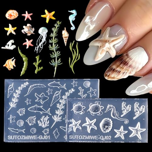 CharmeFleur Lot De 2 Moules En Silicone Océan Pour Ongles Été Plage Charme Nail Design Modèle Gravure 3D Résine Art Forme Étoiles De Mer Coquillages Méduses Silicone Soup