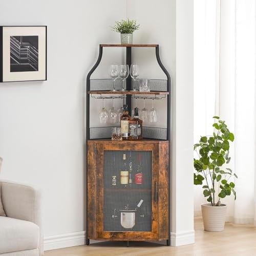 Garvee Armario de Vino Esquinero, Mueble Bar Industrial de 5 Niveles con Botellero y Porta Copas, Estantería para Vinos con Puerta de Malla para Salón, Bar, Comedor, Cocina, Marrón Rústico