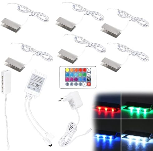 6er Set 5050SMD RGB LED Glaskantenbeleuchtung mit Fernbedienung, Vitrinenbeleuchtung Glasbodenbeleuchtung Clip inkl. 12V Netzteil, Licht LED Glasboden Strip für Vitrine, Tisch