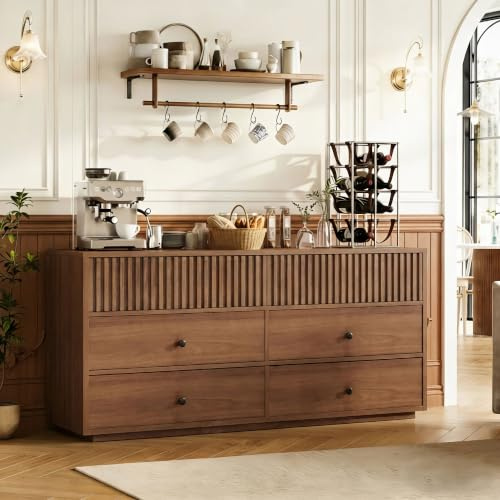 Cyclauricate 6 Drawer Chest of Drawers, 160cm Wide Fluted Walnut Sideboard | mid century modern cabinet, living room tv stand, bedroom furniture, dark wood storage dresser, retro credenza unit