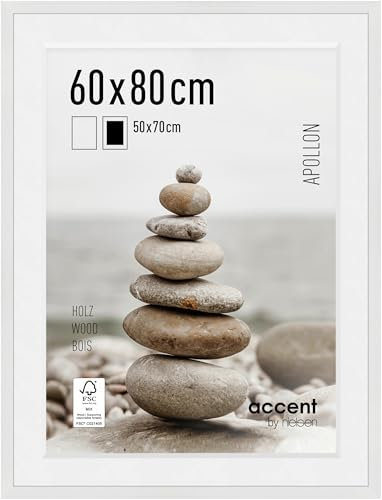 accent by nielsen Bilderrahmen mit Passepartout, 60 x 80 cm, Holz, Weiß, Posterrahmen zum Aufhängen im Hoch- & Querformat, Echtglas, Apollon