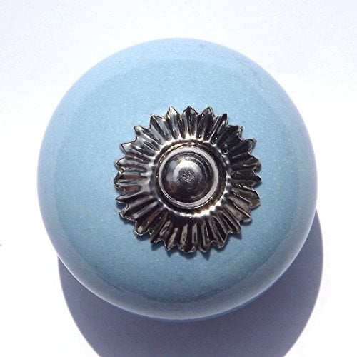 Powder Blue Round (Chrome Fittings) Ceramic Cupboard Door knobs Drawer pulls Shabby Chic Handle Porcelain